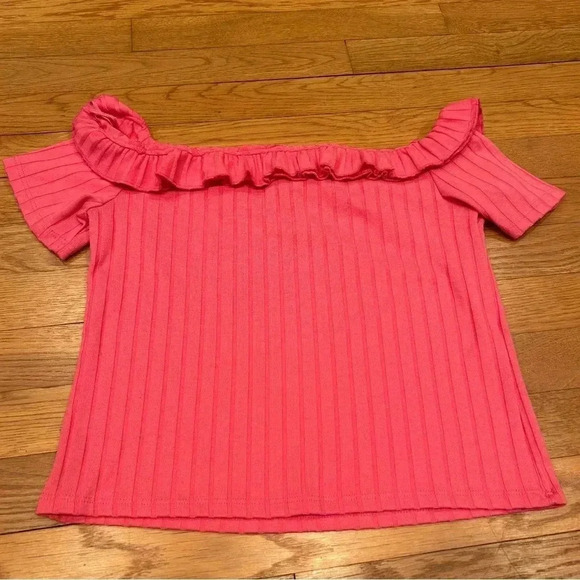 Zara Traufaluc Women’s Barbie Pink Ruffle Ribbed Off The Shoulder Top Size Large - Picture 3 of 6